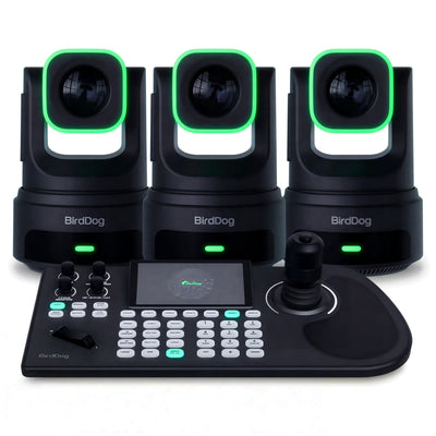 Set of three BirdDog 3x X4E Ultra PTZ video cameras with black KBD controller, all part of the BirdDog camera and controller combo.