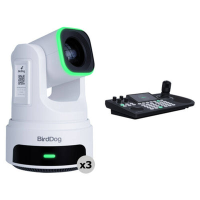 Three BirdDog 3x X4E Ultra PTZ video cameras with white finish and a BirdDog KBD controller for professional video production.