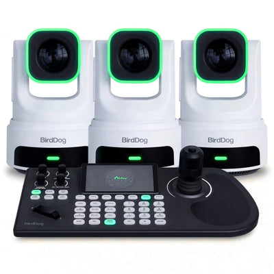 BirdDog 3x X4E Ultra PTZ video cameras with white KBD controller combo, professional live streaming and broadcasting equipment
