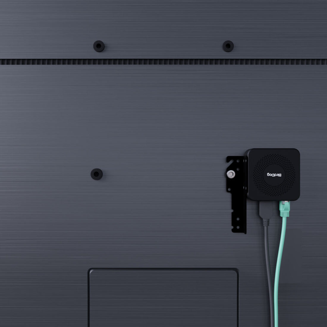Rear view of BirdDog PLAY Pro 4K NDI Player mounted on wall, showing input/output ports and sleek signal converter design. – image 9