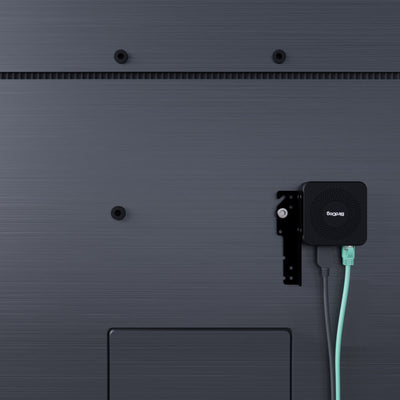 Rear view of BirdDog PLAY Pro 4K NDI Player mounted on wall, showing input/output ports and sleek signal converter design.