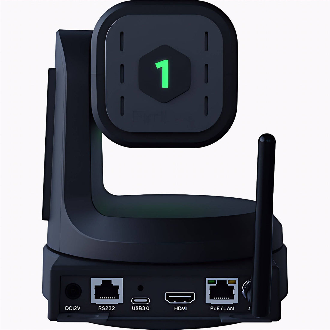BirdDog X1 20x HD PTZ camera in black showing side view with zoom lens and adjustable pan-tilt functionality – image 5