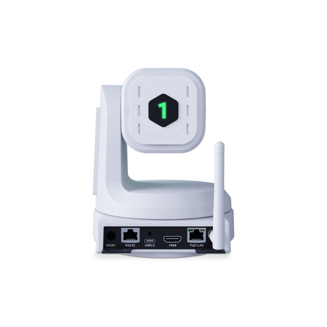 BirdDog X1 Ultra 12x 4K PTZ camera in white, showing the sleek camera body with lens and control features. – image 5