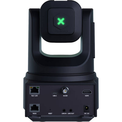 BirdDog X4E Ultra 20x 4K PTZ camera in black with AI tracking feature, shown from behind side view.