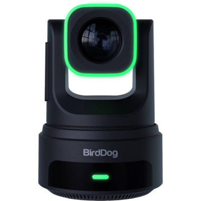 BirdDog X4E Ultra 20x 4K PTZ camera in black with AI tracking, front and side view, professional video camera for broadcasting