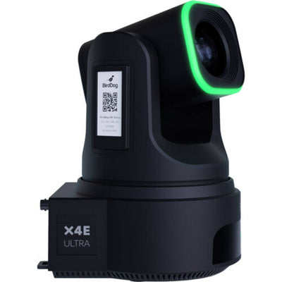 Black BirdDog X4E Ultra 20x 4K PTZ camera with AI tracking, showcasing lens and side view in a professional video camera image.