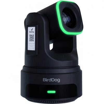 BirdDog X4E Ultra 20x 4K PTZ camera in black with AI tracking, viewed from upper right side, professional video camera equipment