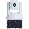White BirdDog X4E Ultra 20x 4K PTZ camera with AI tracking, shown from the side, featuring lens and control buttons.