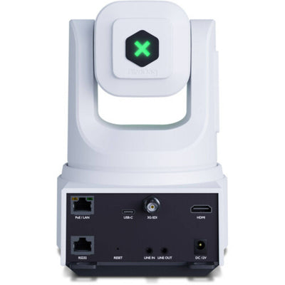 White BirdDog X4E Ultra 20x 4K PTZ camera with AI tracking, shown from the side angle.