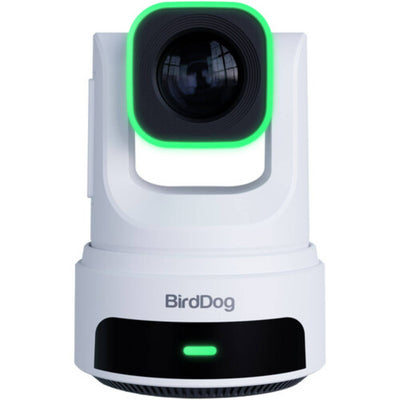 White BirdDog X4E Ultra 20x 4K PTZ camera with AI tracking, front and side view, designed for high-quality video recording.