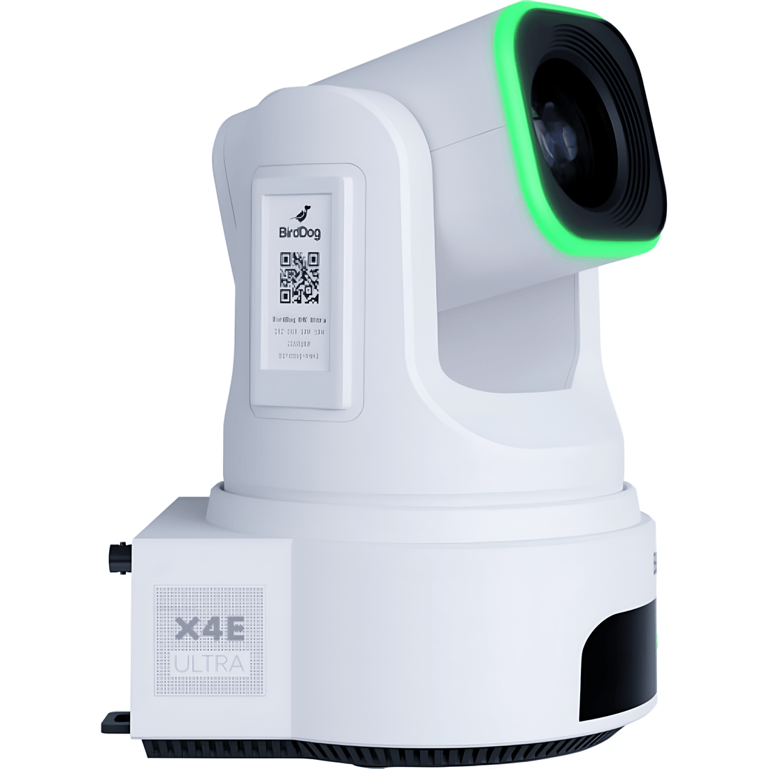White BirdDog X4E Ultra 20x 4K PTZ camera with AI tracking, showing right side view with lens and controls. – image 1