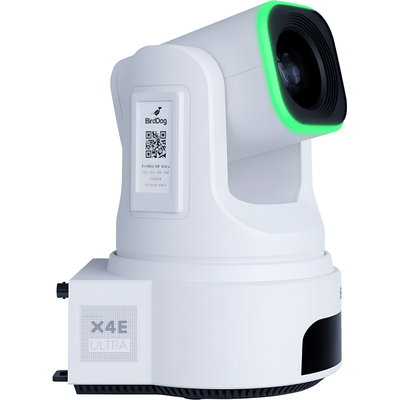 BirdDog X4E Ultra 20x 4K PTZ camera with AI tracking, white finish, side view showing lens and controls.