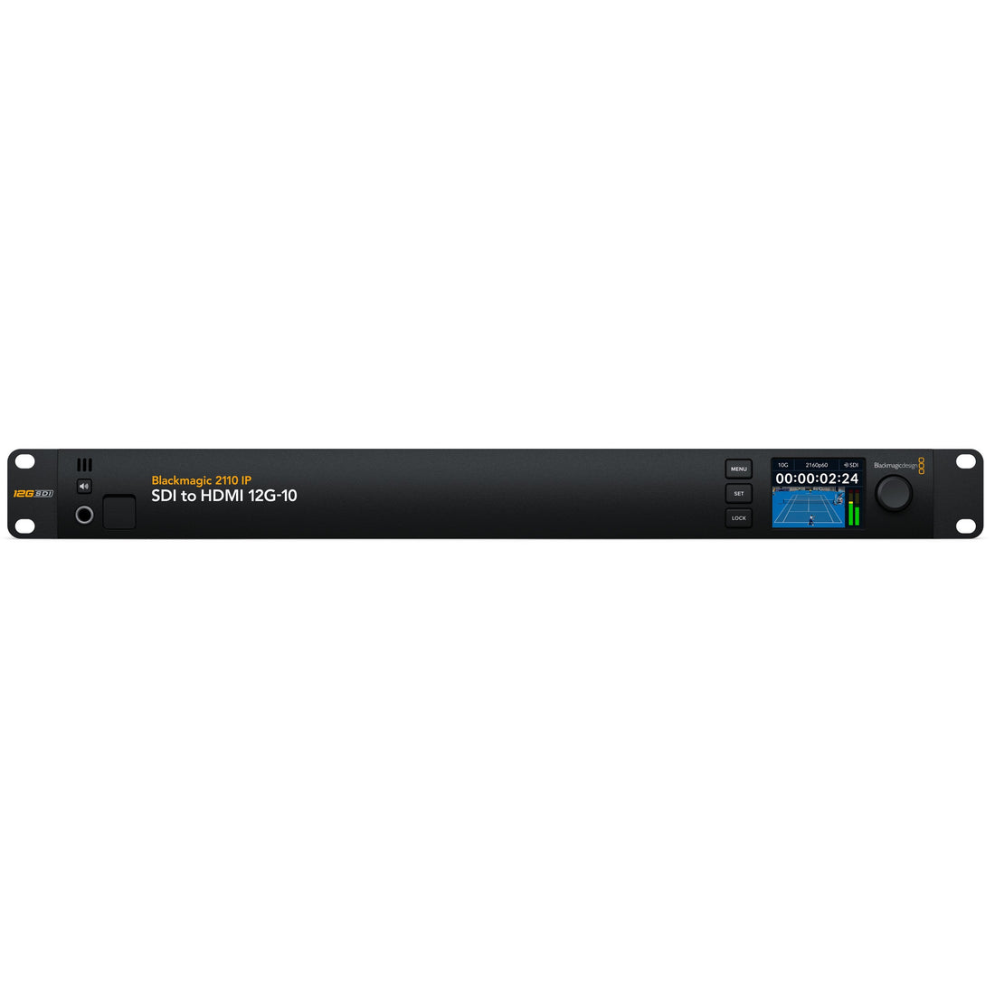 Blackmagic Design 2110 IP SDI to HDMI 12G-10 IP converter showing device connected to HDMI display with SDI input cables – image 1
