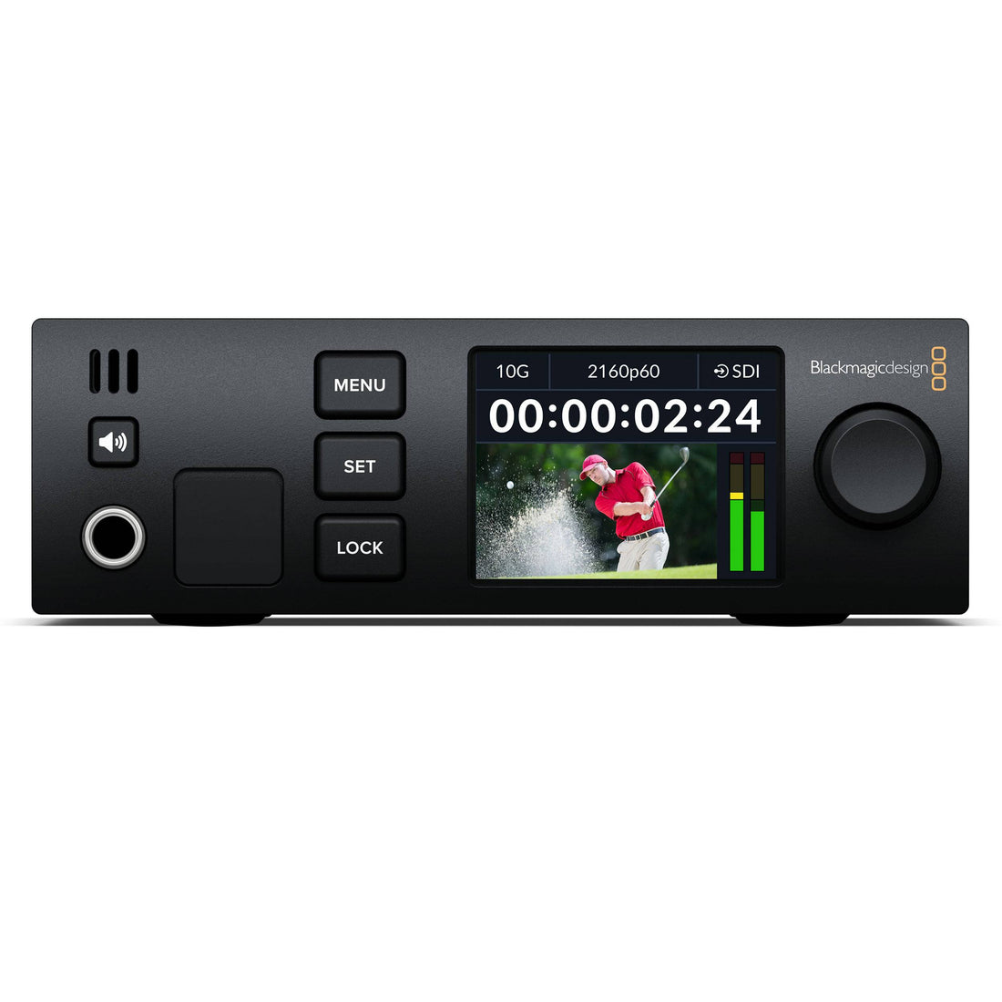 Blackmagic Design Blackmagic 2110 IP SDI to HDMI 12G IP converter front view showing connection ports and display indicators. – image 1