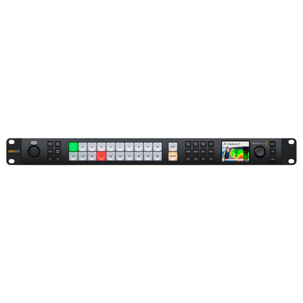 Blackmagic Design ATEM Monitoring Rack Panel 20 control panel with multiple buttons and display screens for professional video switching.