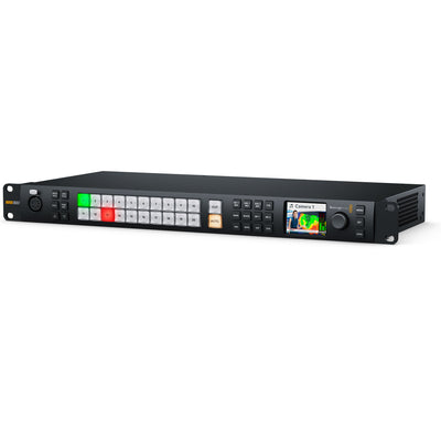 Blackmagic Design Blackmagic ATEM Monitoring Rack Panel 20 control panel with multiple ports and switches, angled view.