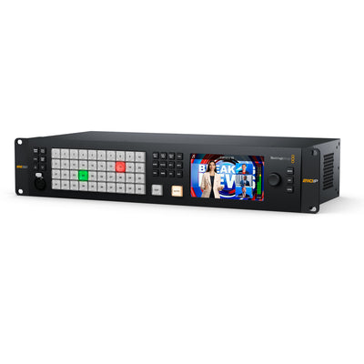 Blackmagic Design ATEM Monitoring Rack Panel 40 control panel with multiple input and output ports, mounted on a rack.