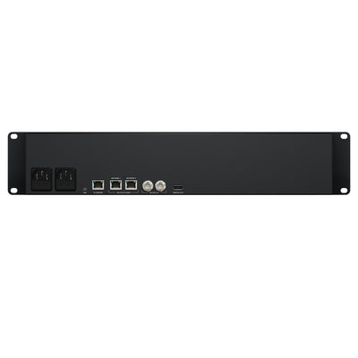 Blackmagic Design ATEM Monitoring Rack Panel 40 control panel with multiple connection ports and back view, used for professional video production.