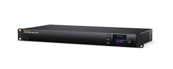 Blackmagic Design Blackmagic Cloud Store Max 48TB storage device shown from an angled view, highlighting its sleek design and ports. – image 1