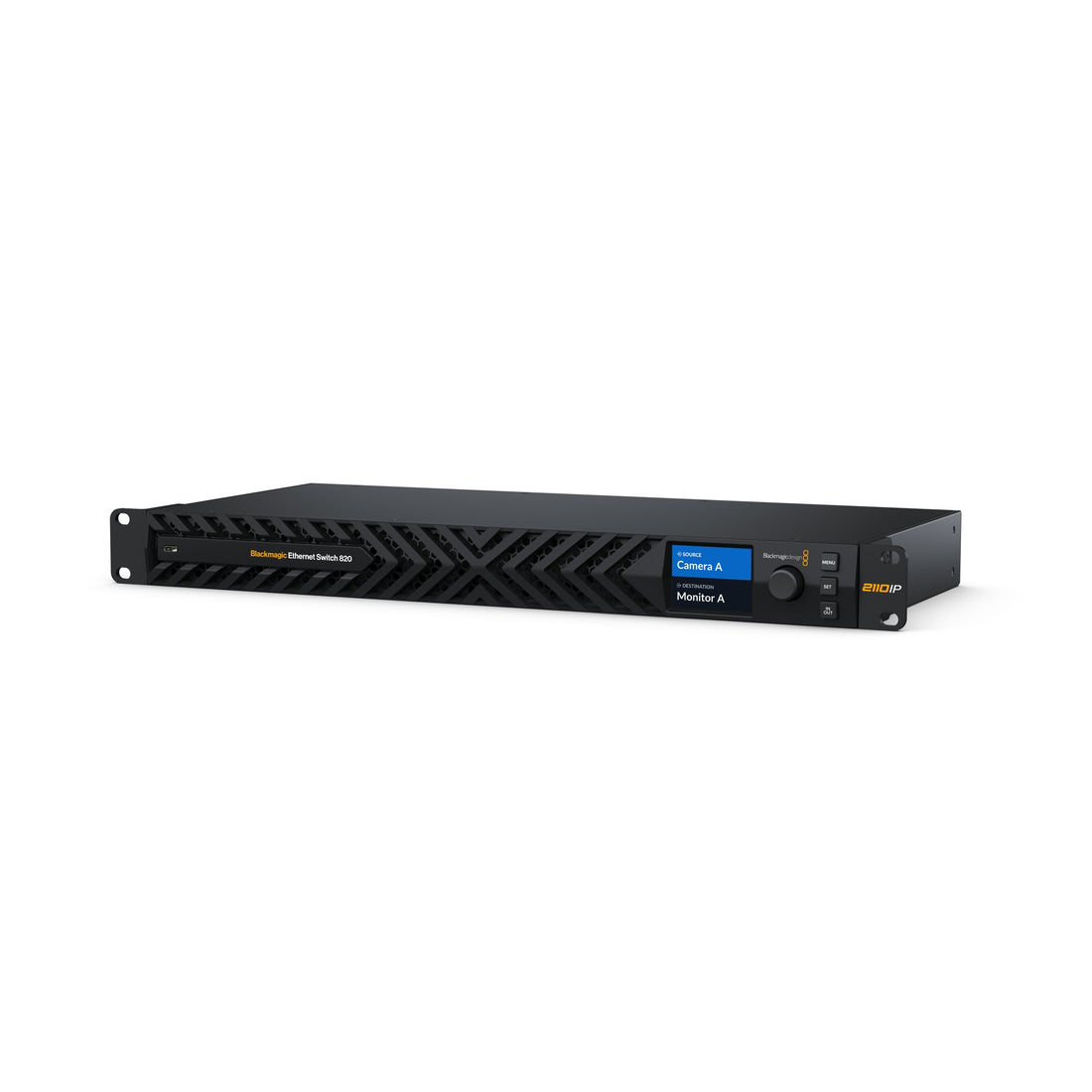 Blackmagic Design Ethernet Switch 820, a black network switch with multiple ports, shown from an angled view – image 1