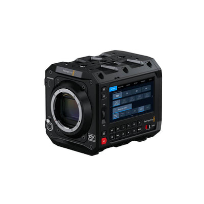 Blackmagic Design PYXIS 12K digital cinema camera shown from a side angle, featuring L-Mount for high-resolution filmmaking.