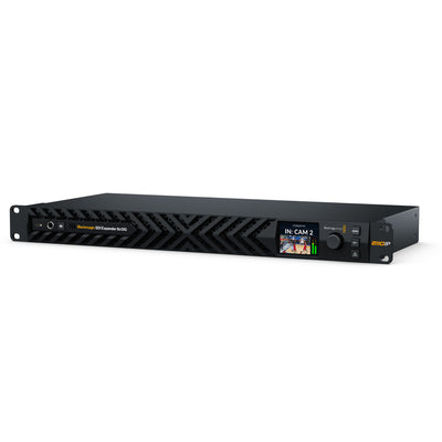 Blackmagic Design SDI Expander 8x12G video converter with multiple SDI input and output ports, shown from an angled view.