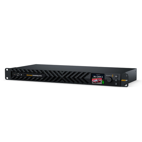 Front angle of Blackmagic Design StudioBridge 100G network switch showing ports and sleek black design. – image 1