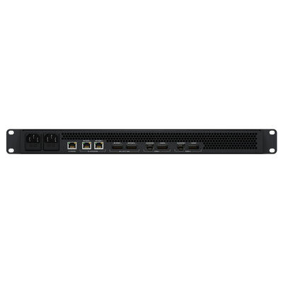 Blackmagic Design StudioBridge 100G network switch with multiple port connections and rear view of device for professional video studio use.