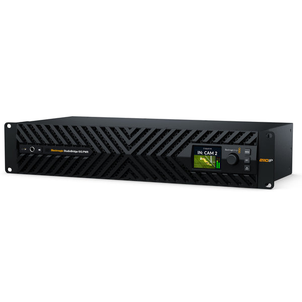Blackmagic Design StudioBridge 10G PWR distribution amplifier with multiple output ports and power connection, shown at an angle. – image 1