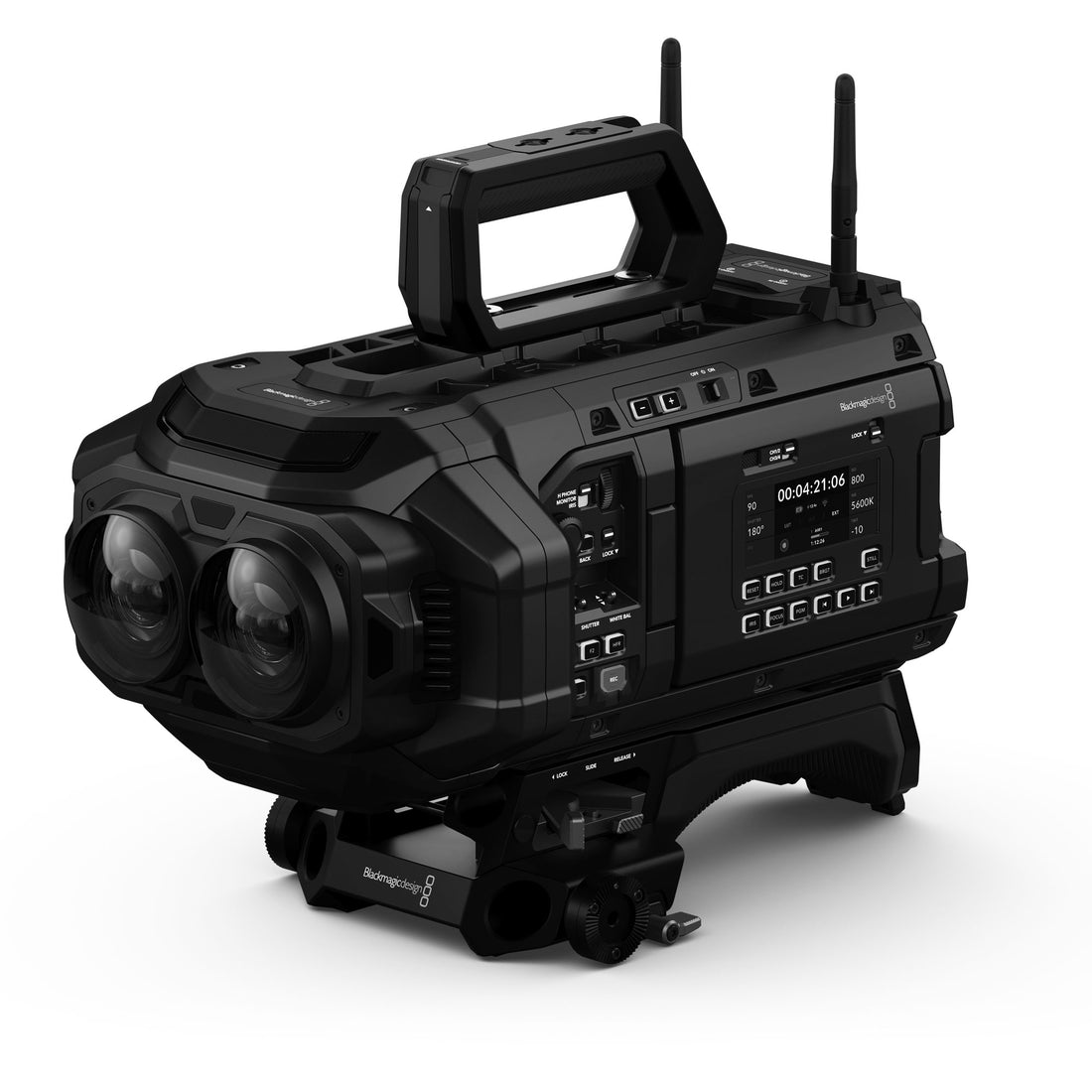 Blackmagic Design URSA Cine Immersive 100G cinema camera shown from a side angle, featuring professional camera body and lens. – image 1