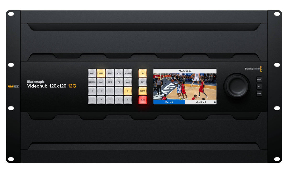 Blackmagic Design Videohub 120x120 12G-SDI video router with front view, showing multiple SDI input and output ports. – image 3