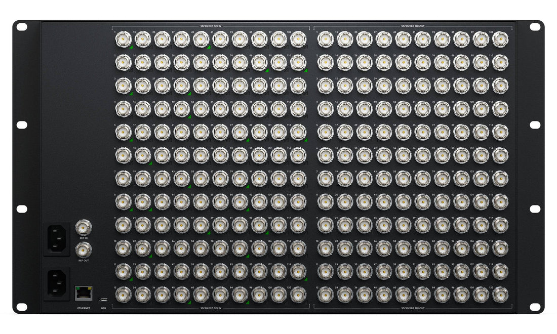 Rear view of Blackmagic Design Videohub 120x120 12G-SDI video router showing input and output connections. – image 2
