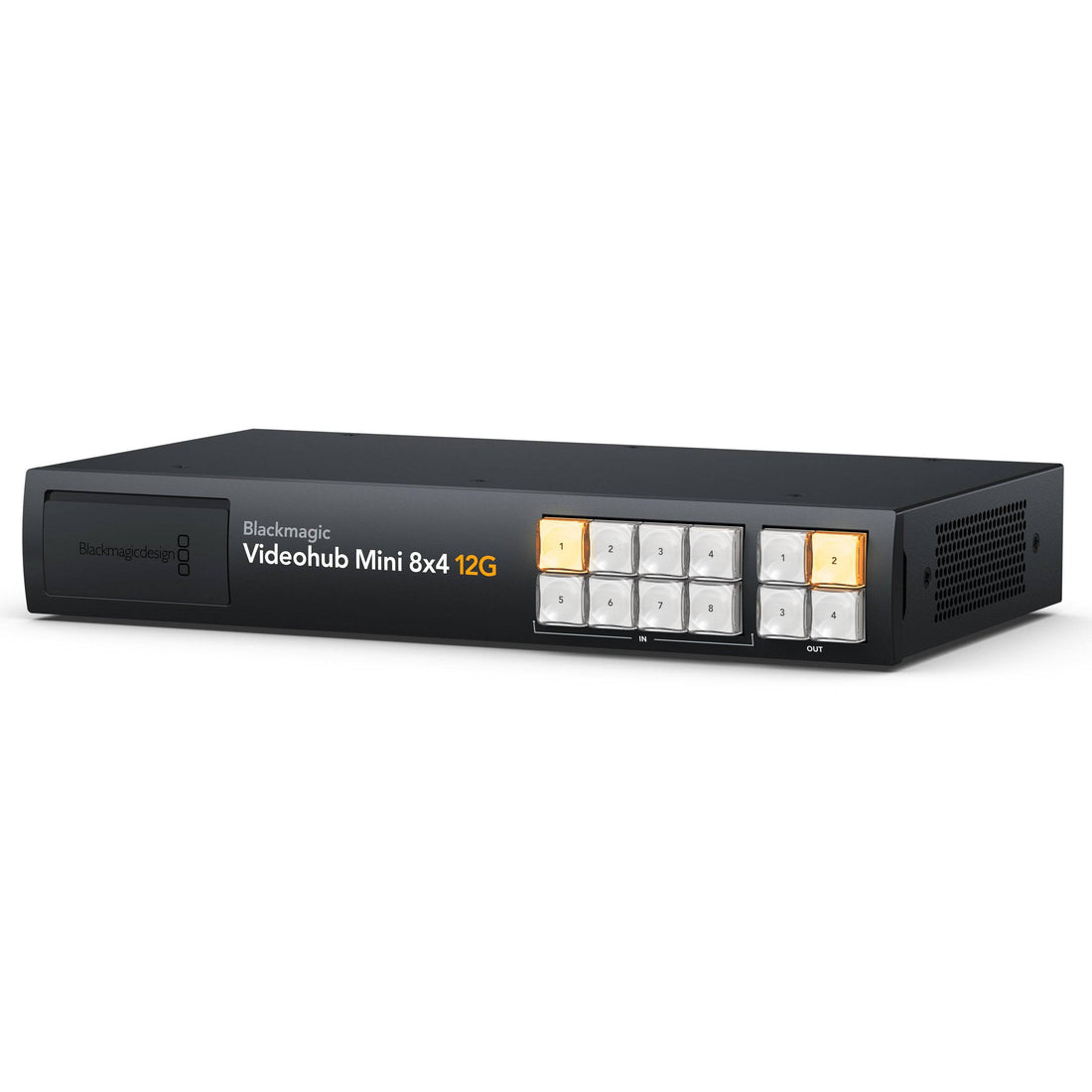 Blackmagic Design Blackmagic Videohub Mini 8x4 12G Video Router with multiple input and output ports, angled view. – image 1