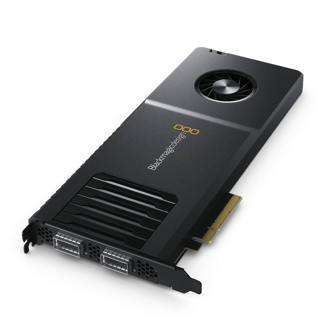Blackmagic Design DeckLink IP 100G video capture device showing right-angle port and black exterior for high-speed IP video workflows. – image 1