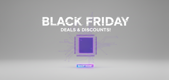 Promotional banner for Black Friday deals with a purple and blue color scheme and a 'Shop Now' button.
