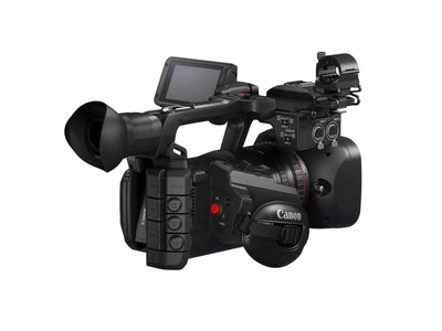 Canon XF605 UHD 4K HDR Pro Camcorder with professional lens and ergonomic grip, designed for high-quality video recording.