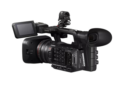 Canon XF605 UHD 4K HDR Pro Camcorder with large lens, professional controls, and ergonomic grip for high-quality video recording.
