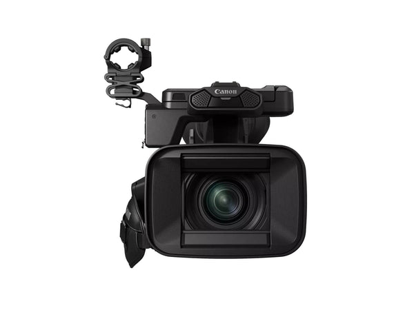 Canon XF605 UHD 4K HDR pro camcorder with professional grip and lens, showcasing its compact design and high-quality video capabilities. – image 2