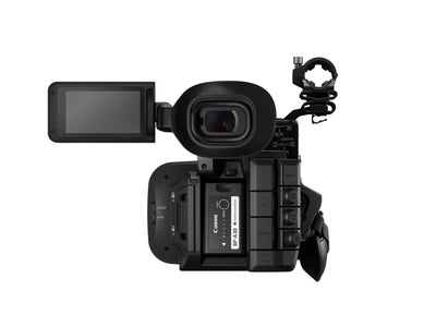 Canon XF605 UHD 4K HDR pro camcorder with large lens, professional controls, and ergonomic design for high-quality video recording.