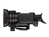 Canon XF605 UHD 4K HDR Pro Camcorder with large lens and professional controls, showcasing its compact design and advanced features.