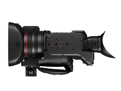Canon XF605 UHD 4K HDR Pro Camcorder with large lens and professional controls, showcasing its compact design and advanced features.