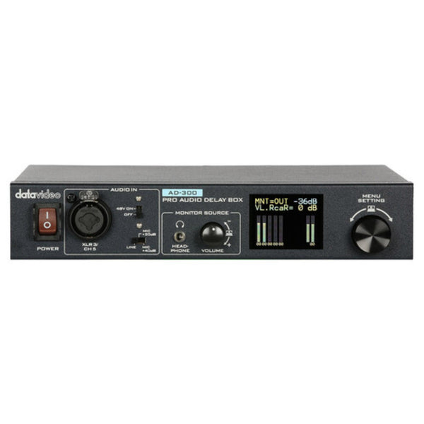 Front view of Datavideo AD-300 Pro Audio Delay Box showing control buttons and display screen for audio delay adjustments. – image 1
