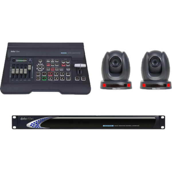 Datavideo Autocast Pro Voice-Tracking Kit with VoiceTRX50 microphone, two PTC-145 cameras, and SE-650 switcher for live production. – image 1
