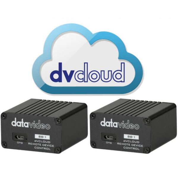 Datavideo BB-1 kit with accessories and a 12-month dvCloud Essentials Plan subscription shown on a display.