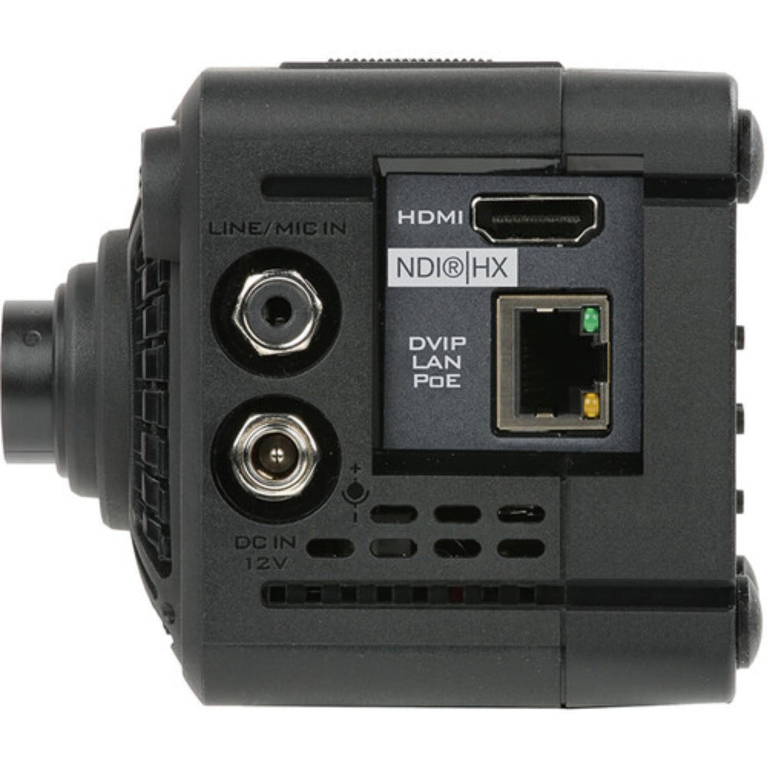 Side view of Datavideo 4K NDI-HX POV camera with compact design and adjustable mounting options. – image 2