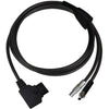 Datavideo CB-73 camera power cable for PTR series heads, Blackmagic, and Canon cameras, shown connected to camera equipment.