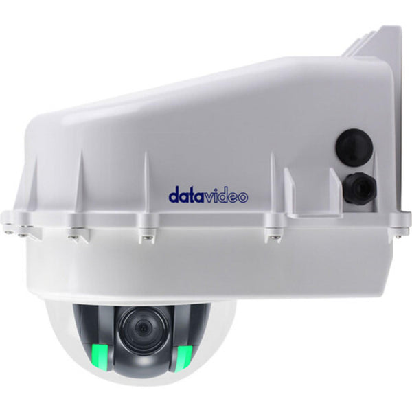Datavideo D2-BASE-EXT camera housing mounted on PTC series camera, showing protective exterior and connection ports in use. – image 2