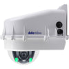 Datavideo camera housing with heater blower fitted on PTC series camera, showing protective enclosure in use.