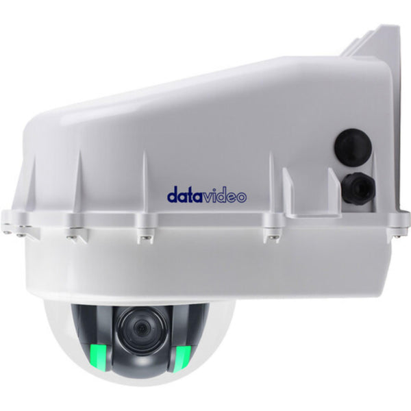 Datavideo camera housing with heater blower fitted on PTC series camera, showing protective enclosure in use. – image 2