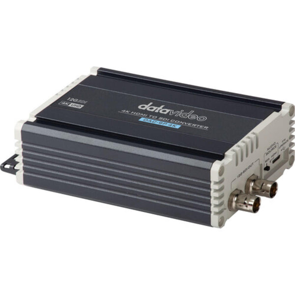 Datavideo DAC-9P 4K HDMI to 12G-SDI converter front view showing input and output ports on a compact black device. – image 1